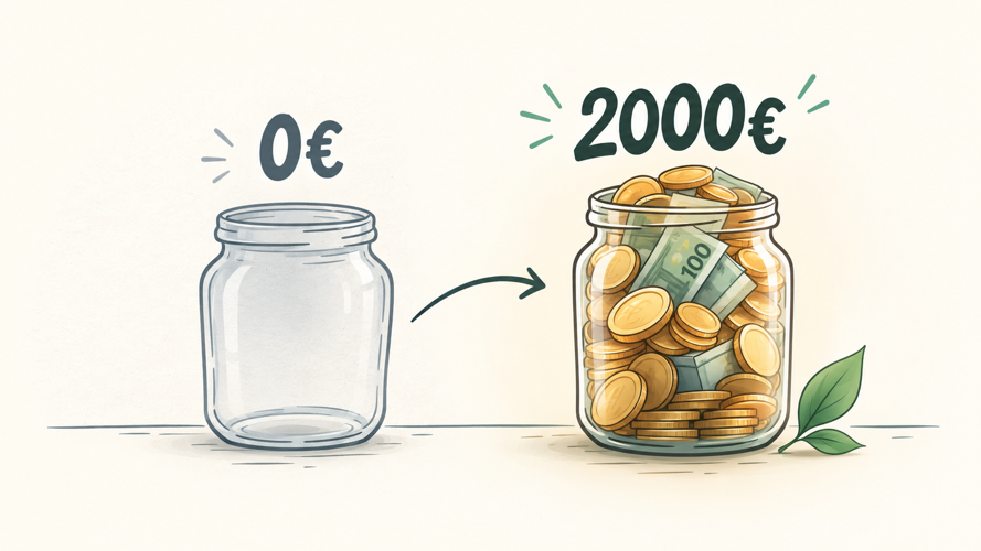 Ilustrované porovnanie prázdnej nádoby s hodnotou 0 € a nádoby naplnenej peniazmi s hodnotou 2 000 €, ktoré znázorňuje možné ročné úspory.