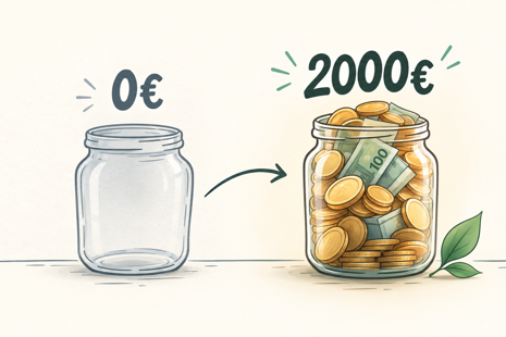 Ilustrované porovnanie prázdnej nádoby s hodnotou 0 € a nádoby naplnenej peniazmi s hodnotou 2 000 €, ktoré znázorňuje možné ročné úspory.